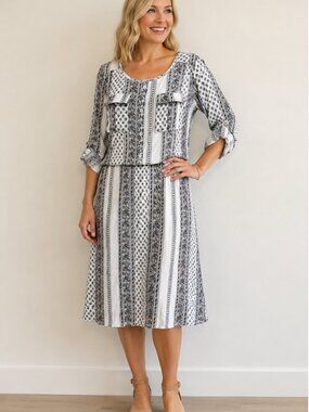 J Glee Women's L Black White Floral Stripe Print Blouson Midi Dress Roll Tab